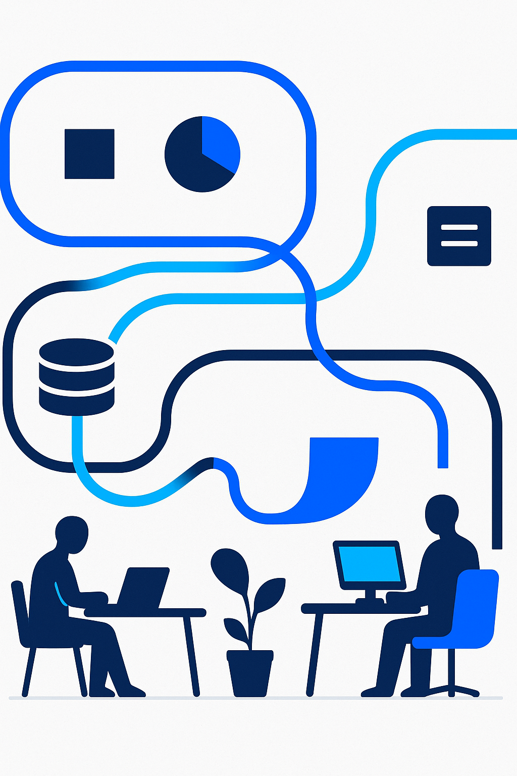 Abstract representation of a small engineering workspace organised around data pipelines, no identifiable people