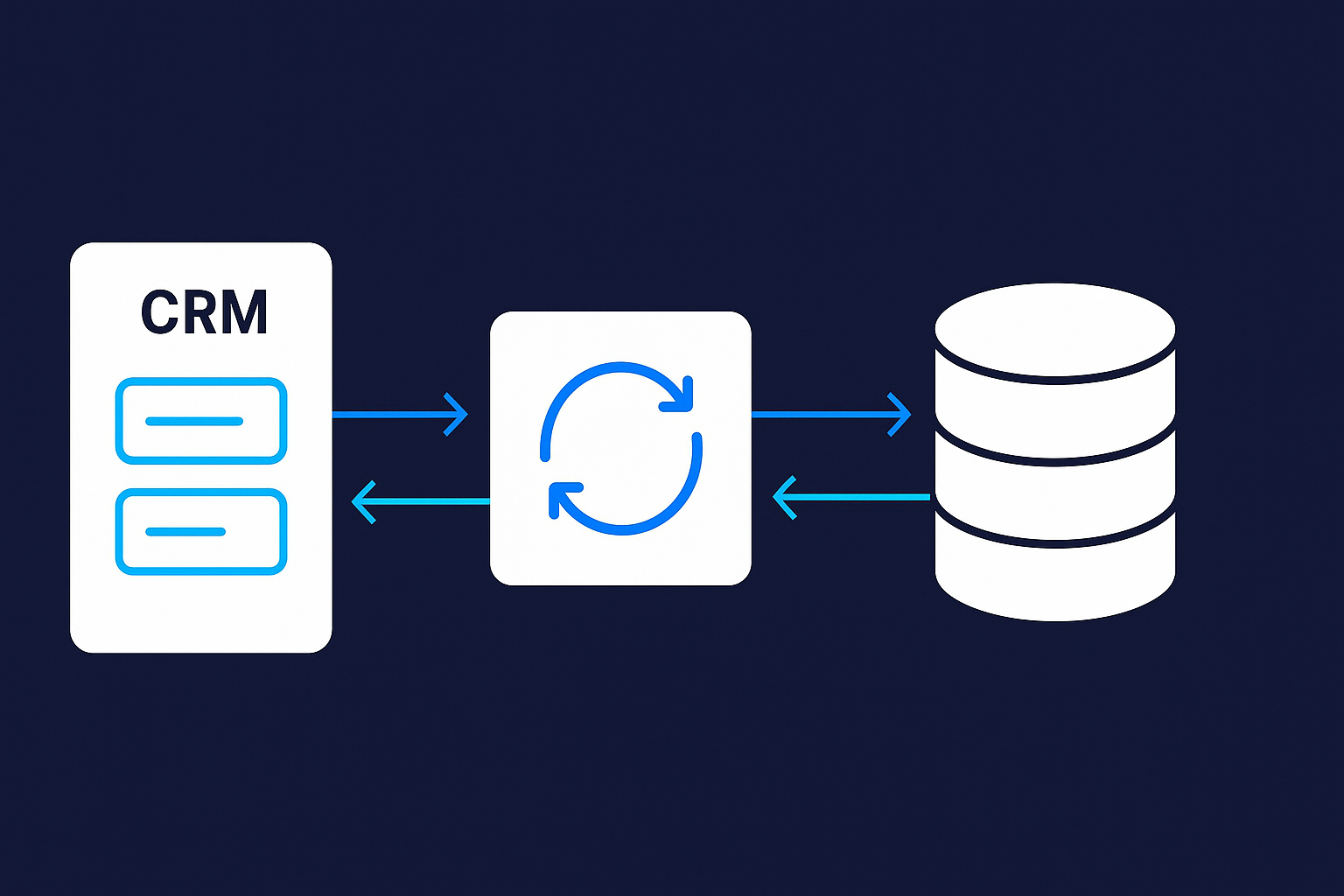 Abstract diagram of data flowing in both directions between a CRM and a database through the StackSync engine
