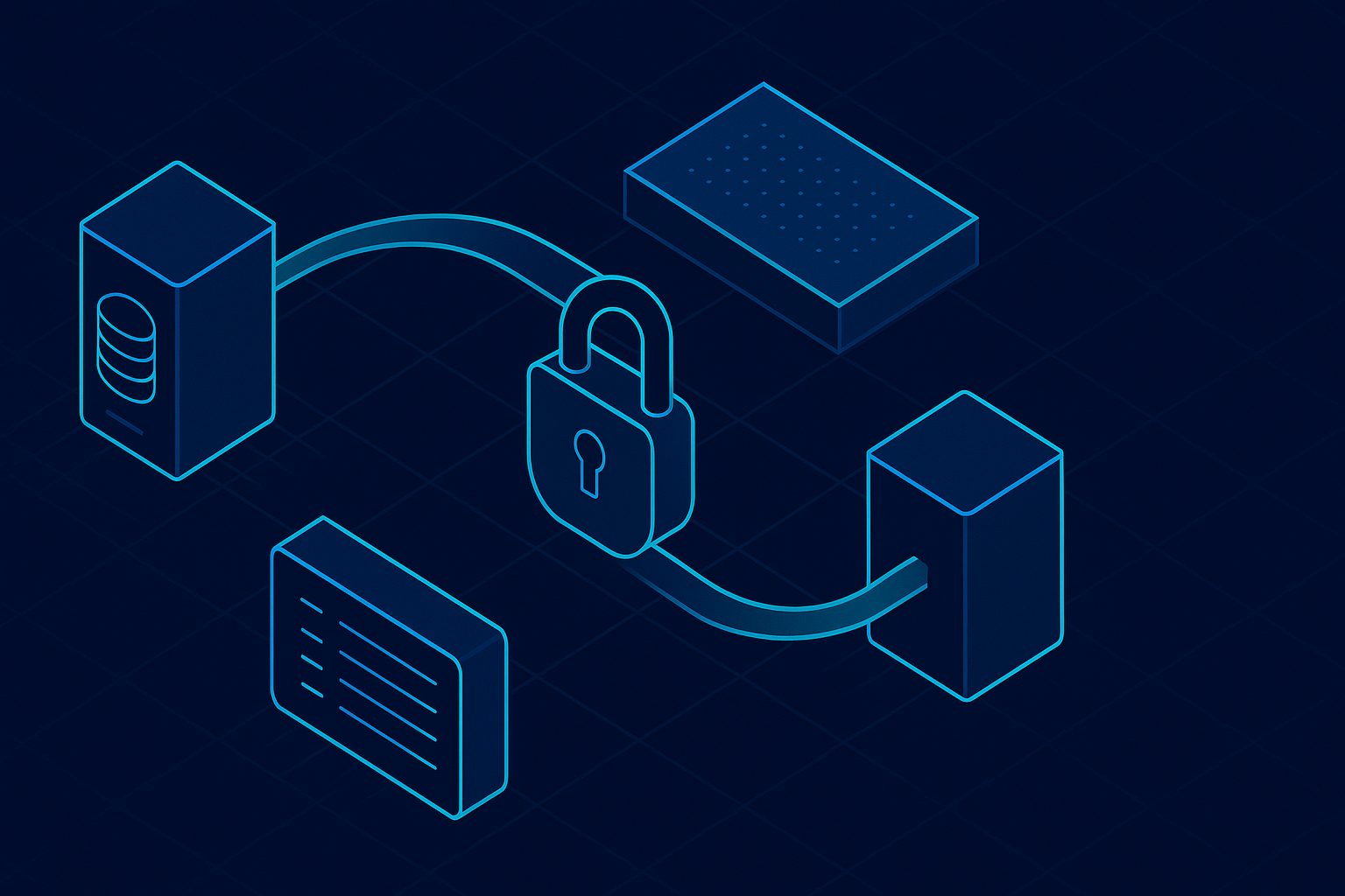 Isometric diagram of a secure data-sync architecture with encrypted connections, regional processing, and audit logging
