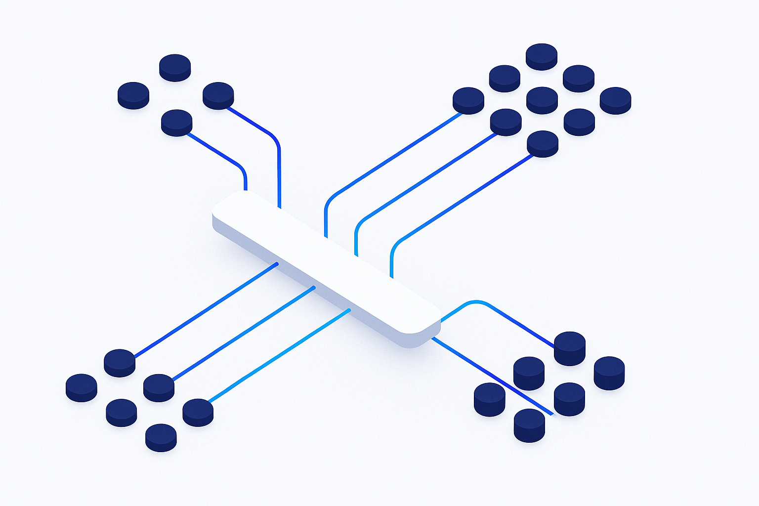 Abstract visualization of CRM, ERP, and warehouse data flows converging through one real-time sync layer